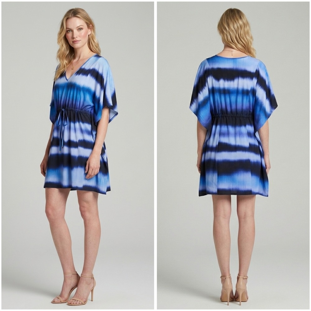 Calvin Klein Womens Blue Tie Dye Ombre Kaftan Dress V-Neck Small CDUG2862